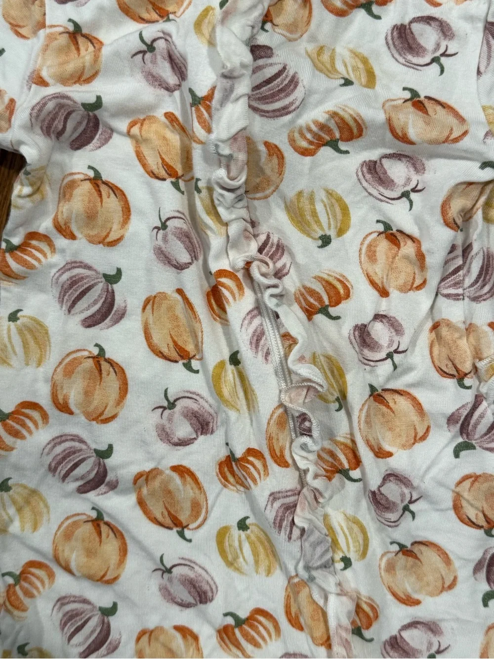 Pumpkin Print Baby One-Piece Pajama with Headband - Pink Trim and Ruffle Butt